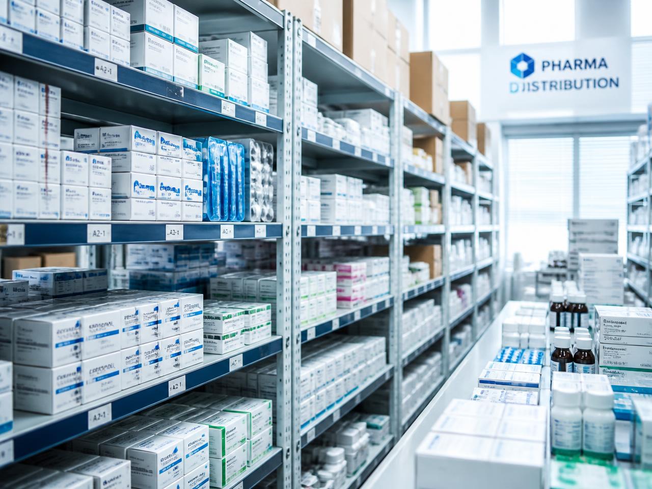 Pharmaceutical products organised on wholesale distribution shelves